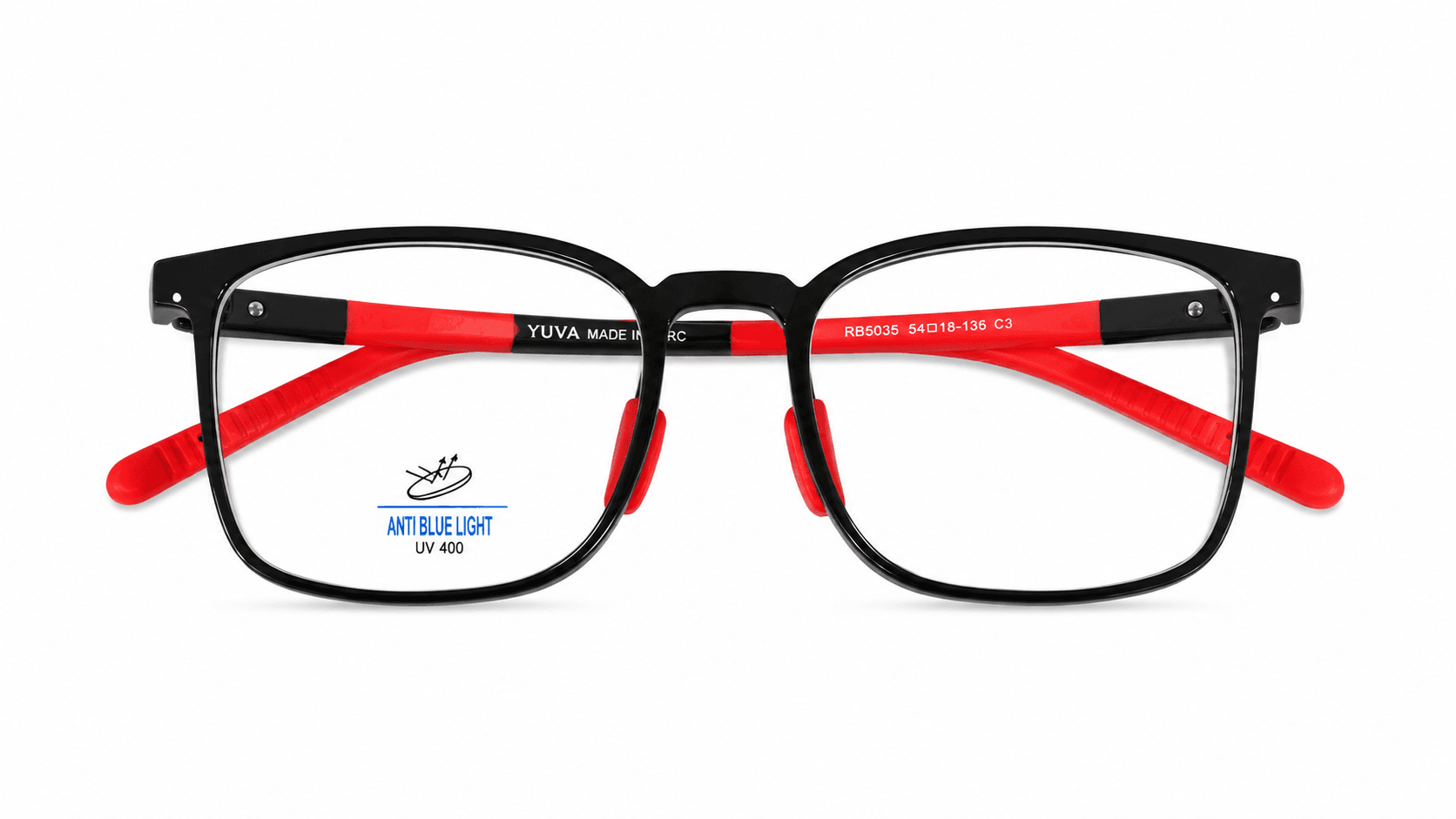 تيمو نظارة طبية اطفال من Yuva نظارة تيمو الطبية للأطفال من يوفا بإطار مربع باللون الأسود مع لمسات حمراء، مناسبة للعدسات الطبية والاستخدام اليومي.